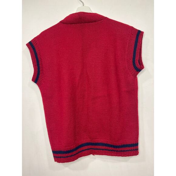 Womens Vintage Preppy V Neck Wool Vest Red Navy Stripe Gold Button L - Picture 4 of 7
